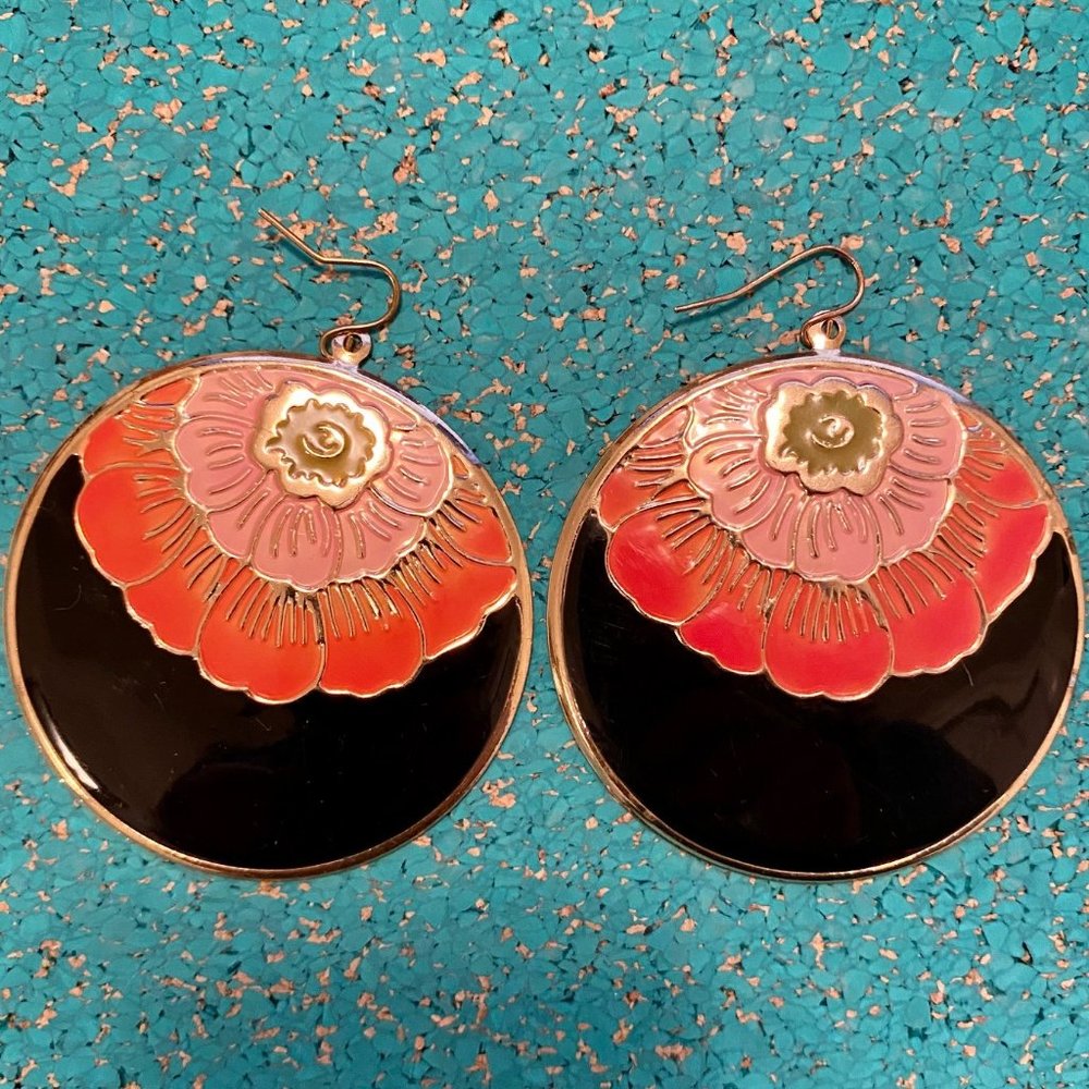Large Round Boho Floral Enamel Drop Earrings